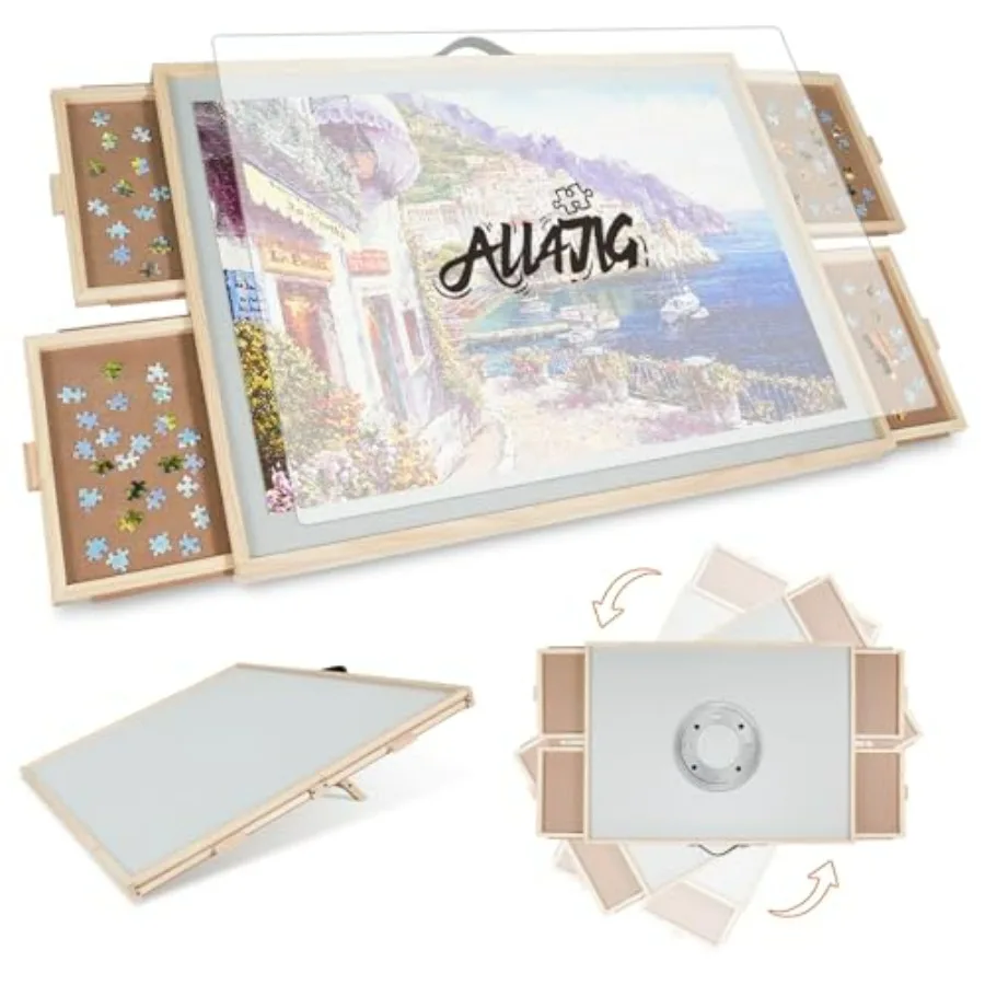 Adults' puzzle board: wooden, natural wood color, 2-in-1 tilting rotating with lazy susan, 4 drawers, portable, includes cover,
Adults' puzzle board: wooden, natural wood color, 2-in-1 tilting rotating with lazy susan, 4 drawers, portable, includes cover,