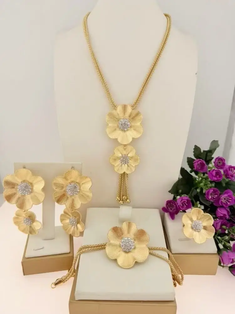Trendy Flower hotsale Italian Jewelry set llaveros Collar Pulseras pin Pendient tentacles Anillo 4PC Jewel Set for Wedding Party
Trendy Flower hotsale Italian Jewelry set llaveros Collar Pulseras pin Pendient tentacles Anillo 4PC Jewel Set for Wedding Party