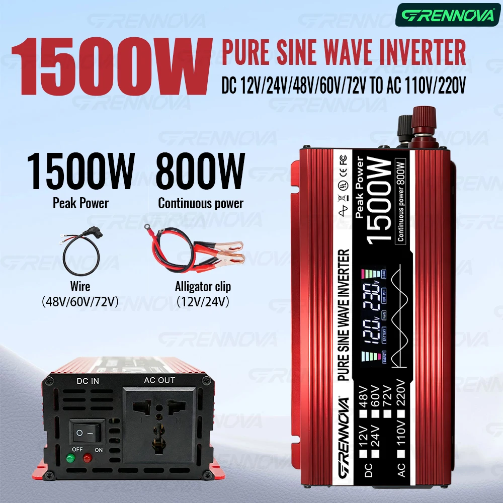 1500W Solar Inverter Pure Sine Wave12V/24V/48V/60V to AC 110V/220V Converter for Refrigerator, Coffee Maker, Laptop, Camping
1500W Solar Inverter Pure Sine Wave12V/24V/48V/60V to AC 110V/220V Converter for Refrigerator, Coffee Maker, Laptop, Camping