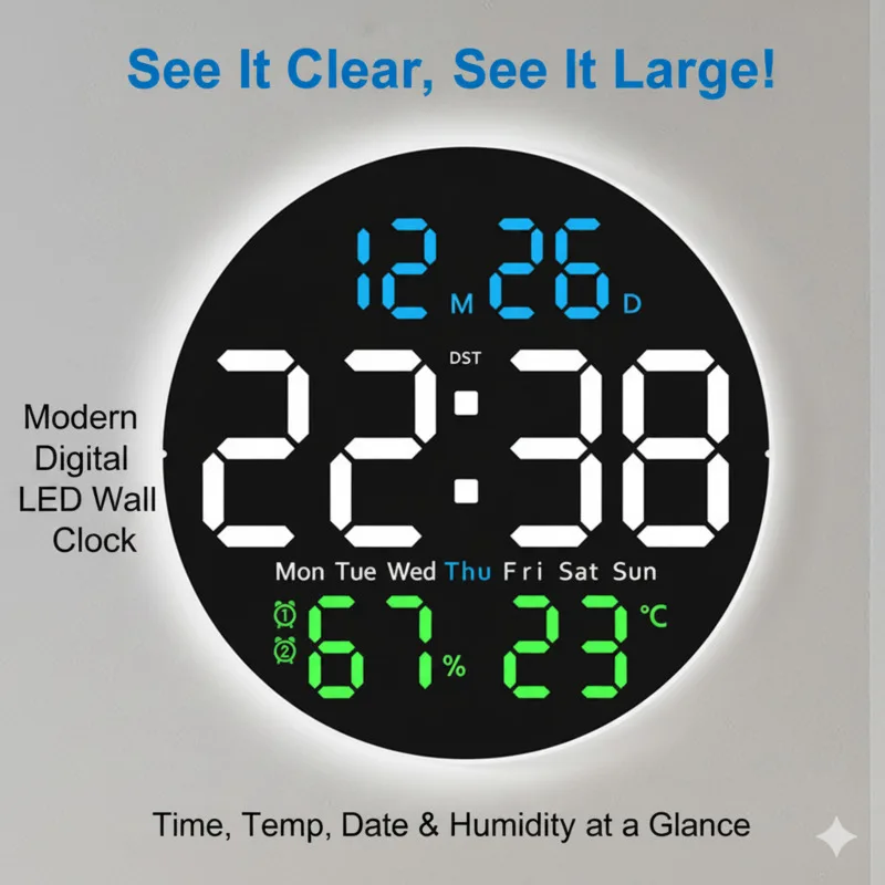 Large Round Silent LED Digital Wall Clock With Night Light Temperature Humidity Dual Alarm Display For Living Room Bedroom Gift
Large Round Silent LED Digital Wall Clock With Night Light Temperature Humidity Dual Alarm Display For Living Room Bedroom Gift