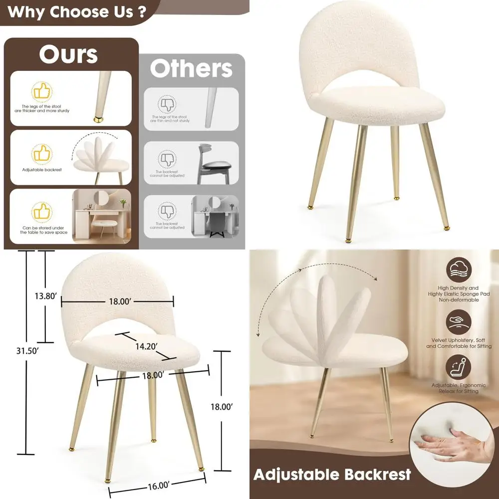 Adjustable Backrest Vanity Chair with Boucle Upholstery, Cream White Sherpa Makeup Stool with Gold Legs for Bedroom, Living Room
Adjustable Backrest Vanity Chair with Boucle Upholstery, Cream White Sherpa Makeup Stool with Gold Legs for Bedroom, Living Room