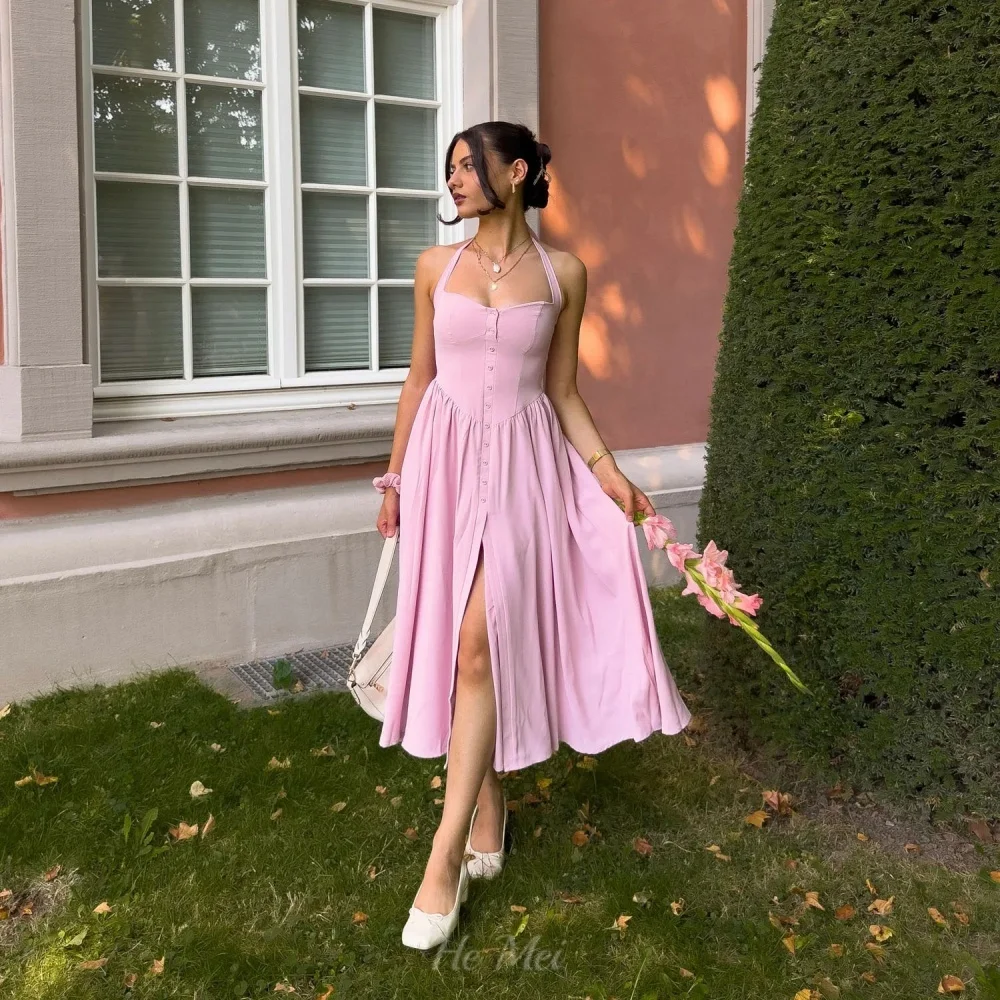 Customized Prom Dresses Halter Pink Party Gowns Simple A Line Elegant Button Evening Dress Mid-calf Length Vestido De Novia
Customized Prom Dresses Halter Pink Party Gowns Simple A Line Elegant Button Evening Dress Mid-calf Length Vestido De Novia