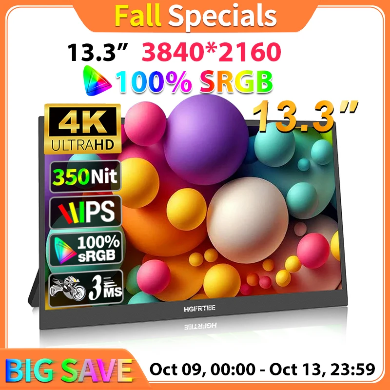 HGFRTEE 3840*2160 13.3inch 4K Portable Monitor 100%sRGB 350Cd/m² Second Screen for MAC/Laptop/PC/Xbox/PS5/Switch
HGFRTEE 3840*2160 13.3inch 4K Portable Monitor 100%sRGB 350Cd/m² Second Screen for MAC/Laptop/PC/Xbox/PS5/Switch