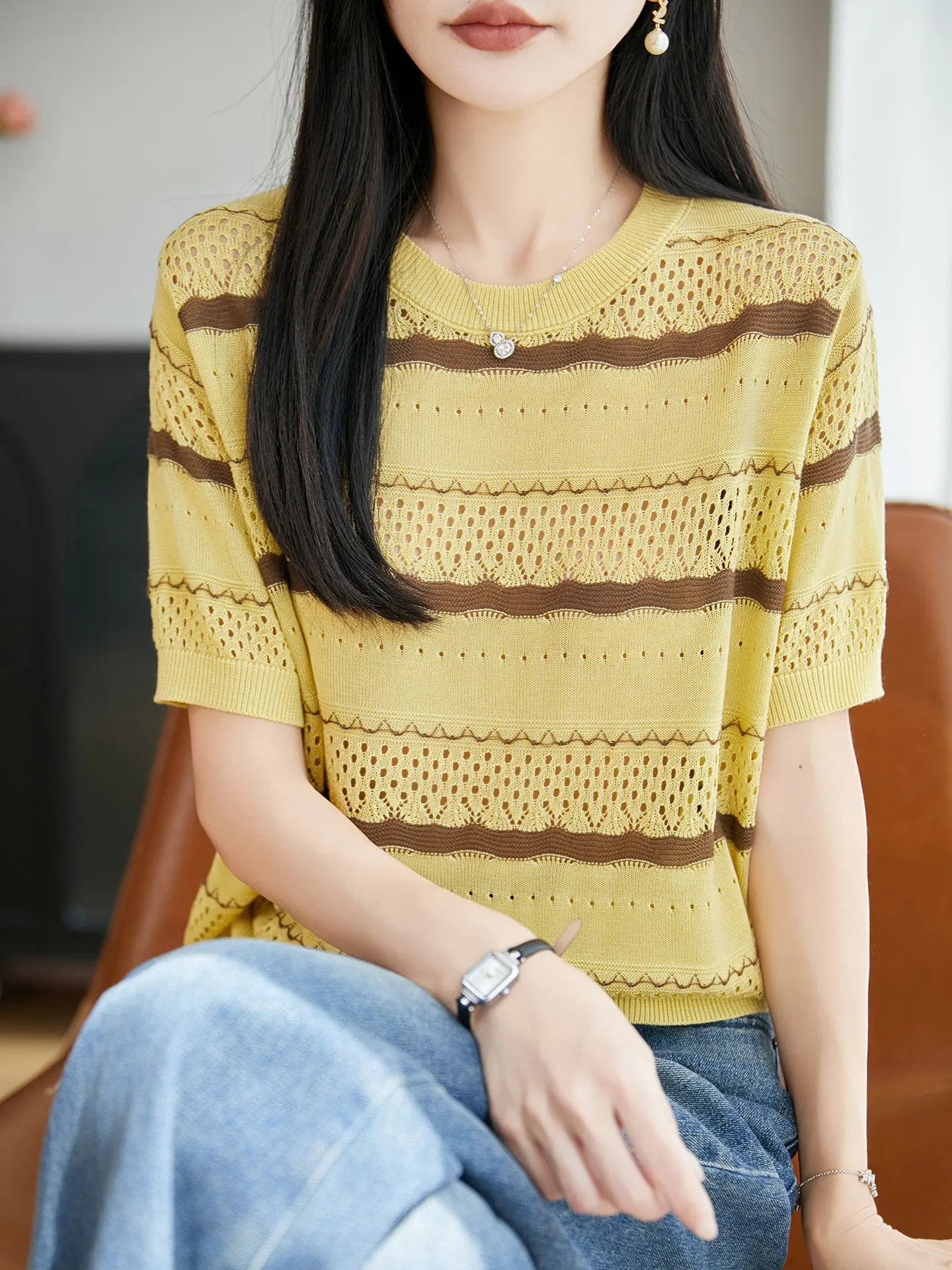 Summer 2026 Women's Lightweight Breathable T-Shirt Lacey Hollow out Striped Top Slimming Casual Knitted Soft round Neck Short...
Summer 2026 Women's Lightweight Breathable T-Shirt Lacey Hollow out Striped Top Slimming Casual Knitted Soft round Neck Short...