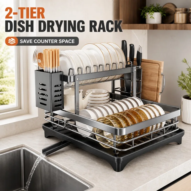 2 Tier Dish Drying Rack Kitchen Storage Organizer Large Capacity Dish Drainer with Drainboard Cutlery Holder Countertop Kitchen
2 Tier Dish Drying Rack Kitchen Storage Organizer Large Capacity Dish Drainer with Drainboard Cutlery Holder Countertop Kitchen