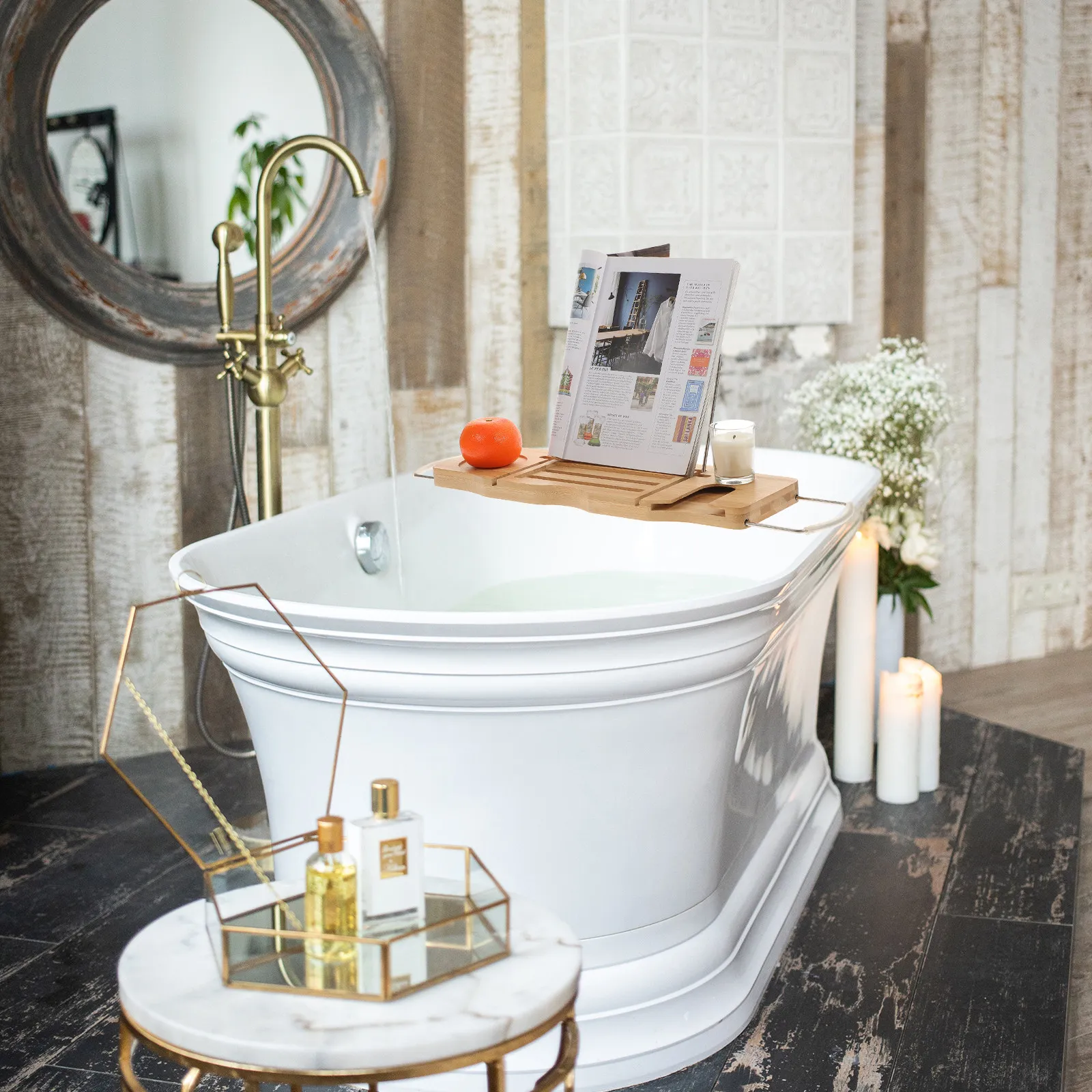 Premium Bamboo Bathtub Tray Adjustable Over Tub Bath Tray with Anti-Slip Design for Phone Tablet Book Body Wash Towel Storage
Premium Bamboo Bathtub Tray Adjustable Over Tub Bath Tray with Anti-Slip Design for Phone Tablet Book Body Wash Towel Storage