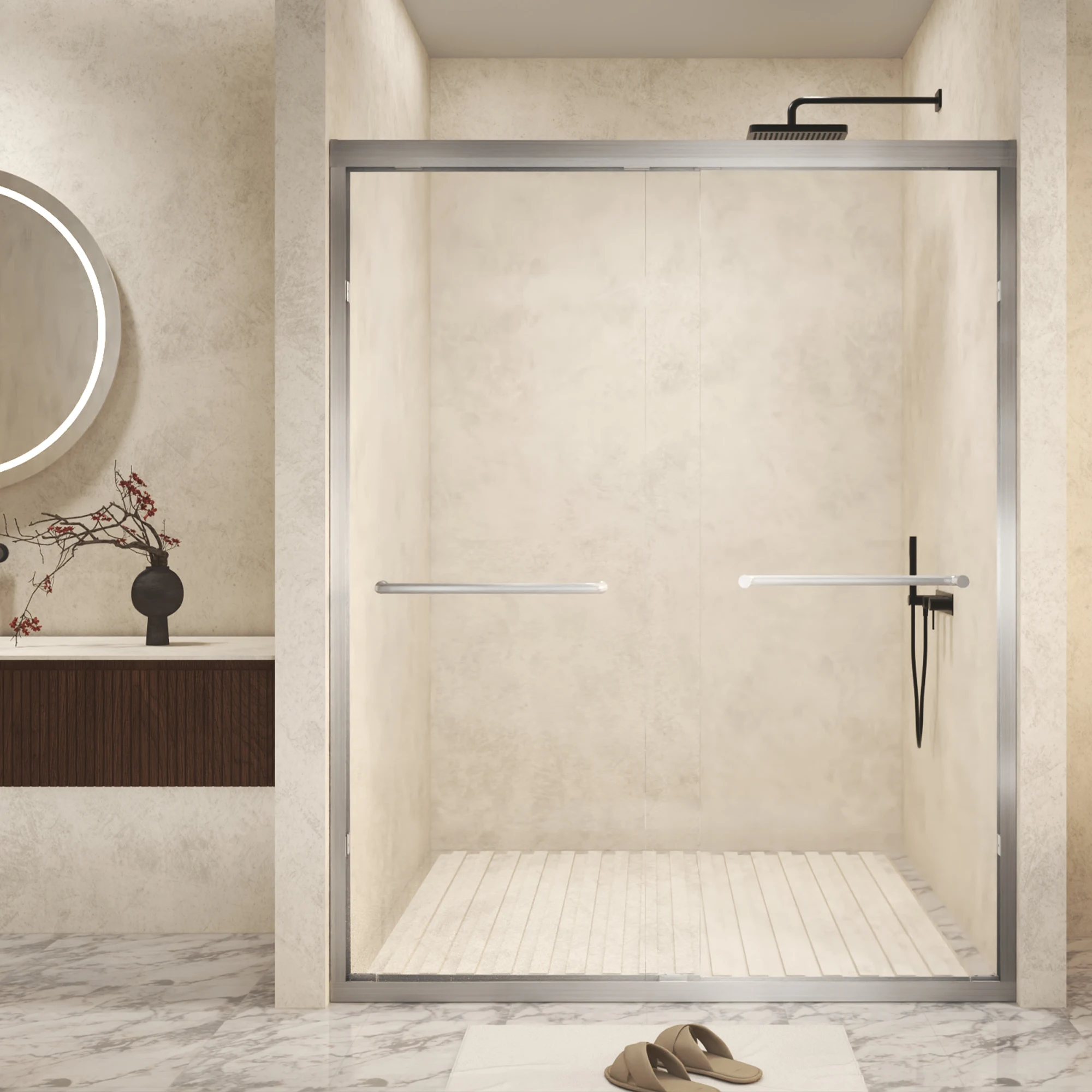 SH.KL 56-60" W x 72" H Double Sliding Shower Door, 1/4" (6 mm) Tempered Glass with Explosion Proof Film, Aluminum Frame
SH.KL 56-60" W x 72" H Double Sliding Shower Door, 1/4" (6 mm) Tempered Glass with Explosion Proof Film, Aluminum Frame