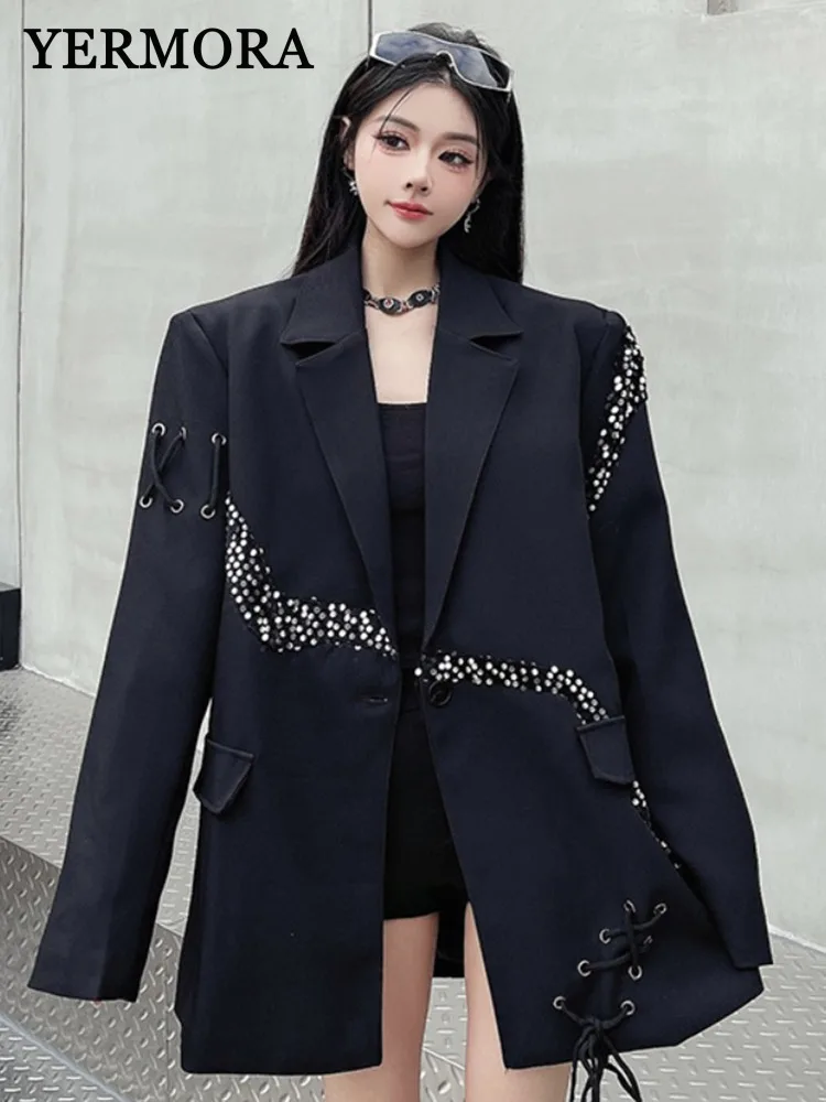 YERMORA Black Irregular Sequins Bandage Casual Blazer For Women Lapel Long Sleeve New Jacket Fashion Spring Autumn 2025 A789
YERMORA Black Irregular Sequins Bandage Casual Blazer For Women Lapel Long Sleeve New Jacket Fashion Spring Autumn 2025 A789