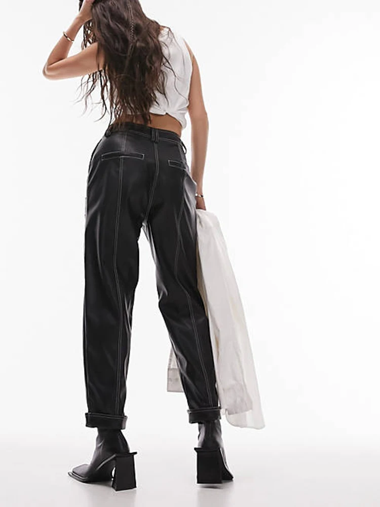 Women Faux Leather Trousers Ladies High Waist Contrast Stitch Seam Peg Pants Vinatge Black PU Pants With Pocket Costume Custom
Women Faux Leather Trousers Ladies High Waist Contrast Stitch Seam Peg Pants Vinatge Black PU Pants With Pocket Costume Custom