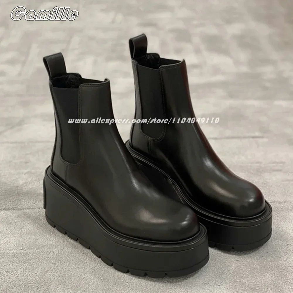 Black Metal Rivet Wedges Slip On Modren Boots Autumn New All-Match Casual Mid Calf Boots Round Toe Platform Lady Grace Boots
Black Metal Rivet Wedges Slip On Modren Boots Autumn New All-Match Casual Mid Calf Boots Round Toe Platform Lady Grace Boots