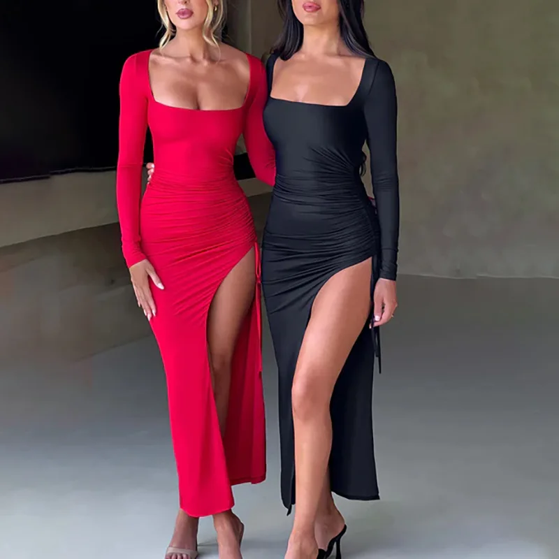 Solid Pleated Split Slim Maxi Party Dress Women Autumn 2023 Square Collar Long Sleeve High Waist Drawstring Elegant Club Dresses
Solid Pleated Split Slim Maxi Party Dress Women Autumn 2023 Square Collar Long Sleeve High Waist Drawstring Elegant Club Dresses