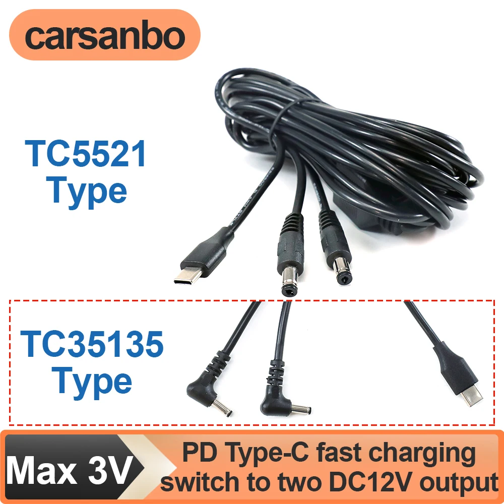 Carsanbo 12V 3A USB Type-C to Two DC 5.5x2.1/3.5x1.35mm Output PD Fast Charging DC Power Cord Converter Adapter for Side Monitor
Carsanbo 12V 3A USB Type-C to Two DC 5.5x2.1/3.5x1.35mm Output PD Fast Charging DC Power Cord Converter Adapter for Side Monitor