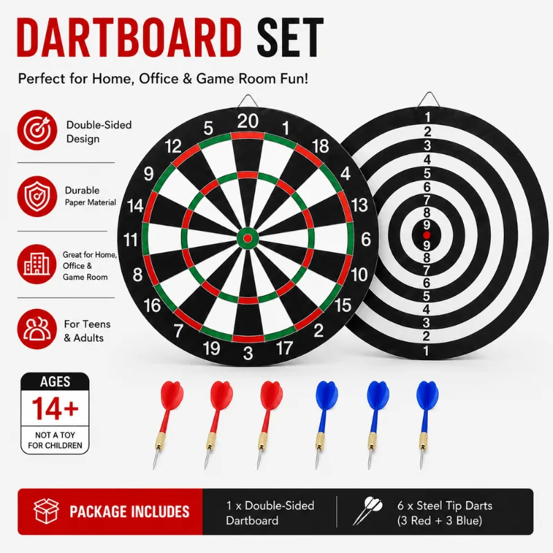 17 Inch Double-Sided Paper Dartboard Set with 6 Steel Tip Darts for Home Game Room
17 Inch Double-Sided Paper Dartboard Set with 6 Steel Tip Darts for Home Game Room