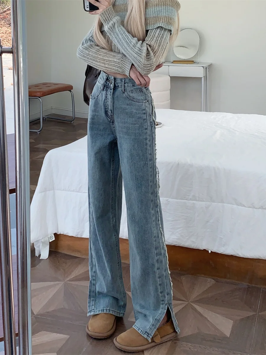 Blue High-Waisted Wide-Leg Pants for Women with Slits Loose Fit Denim Jeans Autumn Fashion Slimming Design Sense Frayed
Blue High-Waisted Wide-Leg Pants for Women with Slits Loose Fit Denim Jeans Autumn Fashion Slimming Design Sense Frayed