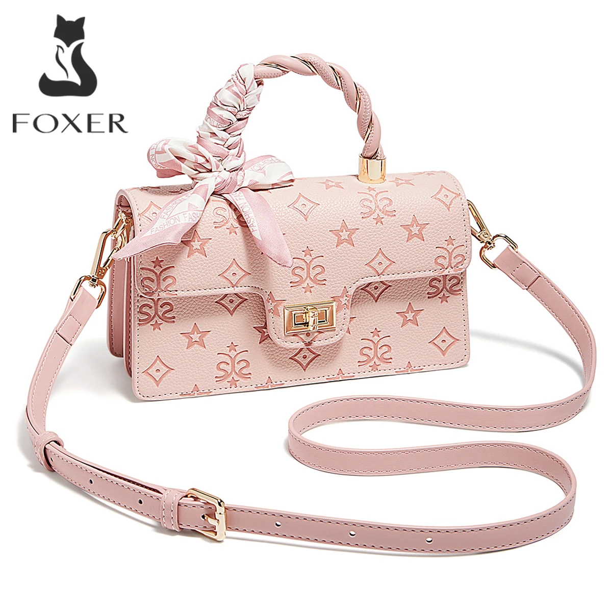 FOXER Women's Pink Synthetic Leather Monogram Flap Bag Lady Scarf Braided Crossbody Shoulder Bag Fashion Gold Turn-Lock Handbag
FOXER Women's Pink Synthetic Leather Monogram Flap Bag Lady Scarf Braided Crossbody Shoulder Bag Fashion Gold Turn-Lock Handbag