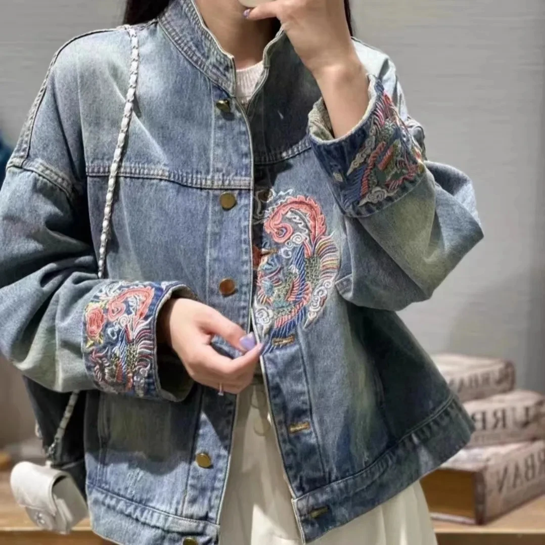 Loose With Print Spring Autumn Female Jeans Coats Crop Embroidered Stand Collar Blue Women's Denim Jackets Outerwears Graphic
Loose With Print Spring Autumn Female Jeans Coats Crop Embroidered Stand Collar Blue Women's Denim Jackets Outerwears Graphic