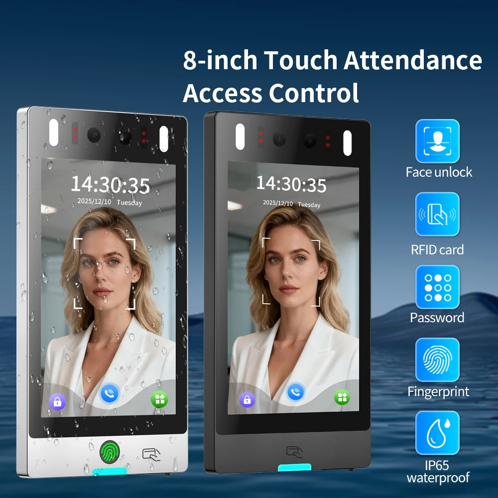 IP65 8 inch WIFI AI Dynamic Biometric Fingerprint Face RFID Recognition Attendance Access Control Machine For Free Software