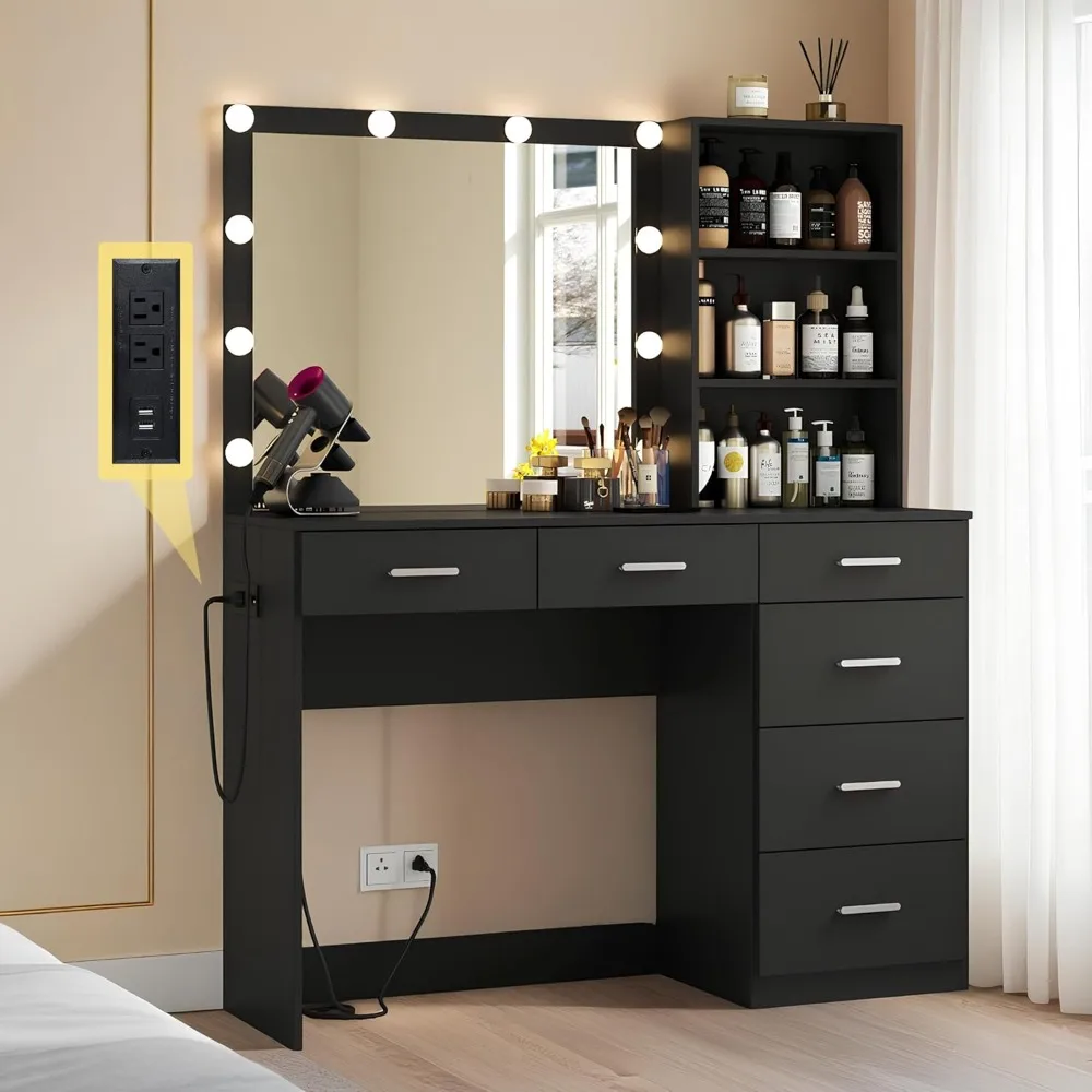 Vanity Desk with 3 Light Modes, Built-in Power Strip & 6-Drawers Makeup Vanity Table, Dressing Table with Storage Shelves
Vanity Desk with 3 Light Modes, Built-in Power Strip & 6-Drawers Makeup Vanity Table, Dressing Table with Storage Shelves