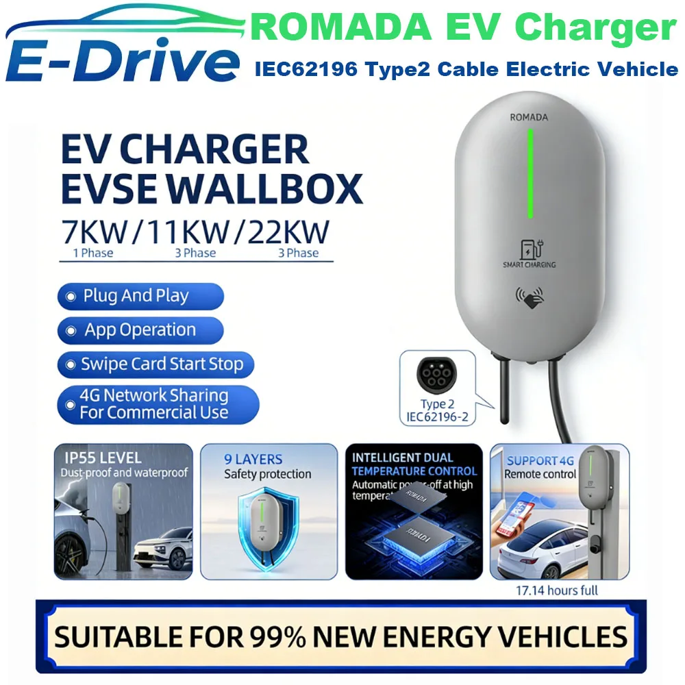 Latest ROMADA EV Charging Station 32A Electric Vehicle Car Charger EVSE Wallbox Wallmount 7KW Type2 Cable Bluetoo APP Control
Latest ROMADA EV Charging Station 32A Electric Vehicle Car Charger EVSE Wallbox Wallmount 7KW Type2 Cable Bluetoo APP Control