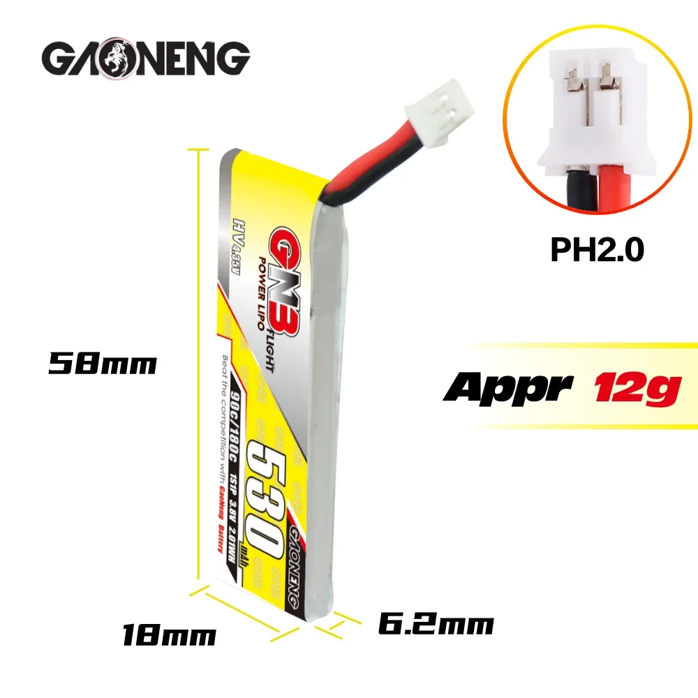 Gaoneng GNB 530mAh 1S-3.8V 2S-7.6V 3S-11.4V 4S-15.2V 6S-22.8V HV 90C/180C Light Weight Lipo Battery For FPV Drone Rc Helicopter
Gaoneng GNB 530mAh 1S-3.8V 2S-7.6V 3S-11.4V 4S-15.2V 6S-22.8V HV 90C/180C Light Weight Lipo Battery For FPV Drone Rc Helicopter