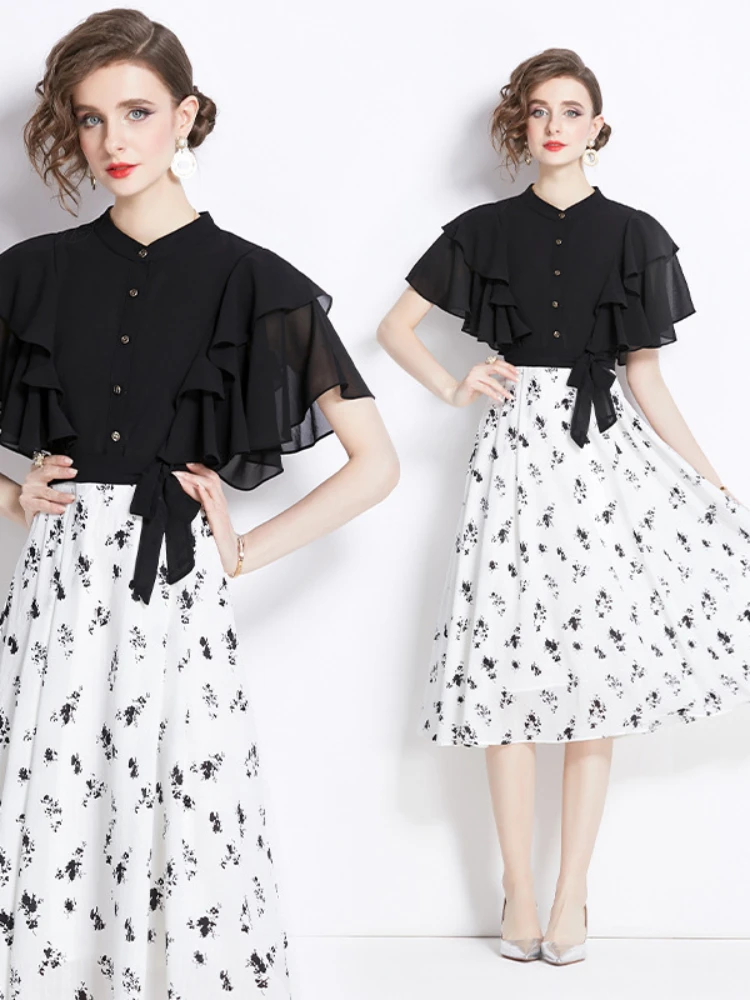 Women Elegant Vintage Chiffon Spliced Fake Dress Summer Round Neck Fly Sleeves High Waist Slim New Black Flower Party Robe
Women Elegant Vintage Chiffon Spliced Fake Dress Summer Round Neck Fly Sleeves High Waist Slim New Black Flower Party Robe