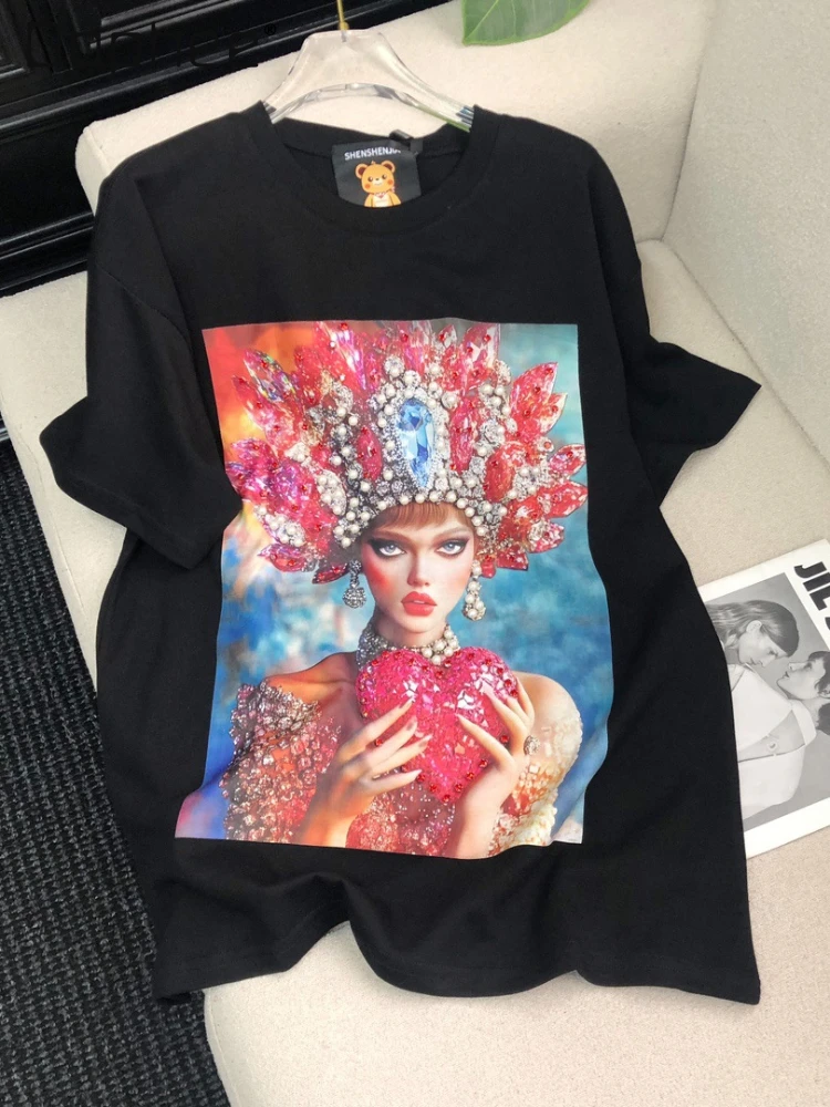Summer New Trendy Brand Design Sense Heavy Industry Beads Crown Girls Printing Round Neck Casual Short-sleeved T-shirt Women
Summer New Trendy Brand Design Sense Heavy Industry Beads Crown Girls Printing Round Neck Casual Short-sleeved T-shirt Women