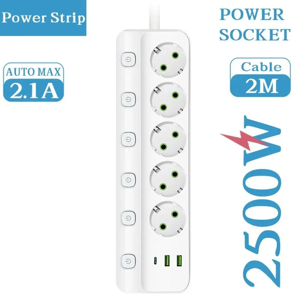 EYFL-EU Plug Electrical Socket 5 AC Outlets 2 USB Ports 1 Type C Socket Adapter 2M Power Strip Safety And Fire Prevention
EYFL-EU Plug Electrical Socket 5 AC Outlets 2 USB Ports 1 Type C Socket Adapter 2M Power Strip Safety And Fire Prevention