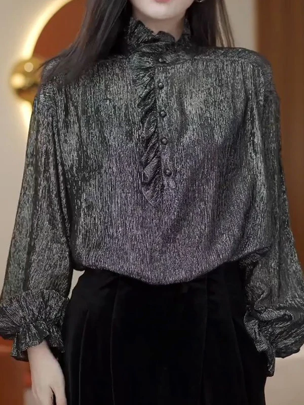 Женская модная роскошная рубашка Ele Slimming Vintage с длинным рукавом, воротником-стойкой и вставками из полиэфирного волокна
Женская модная роскошная рубашка Ele Slimming Vintage с длинным рукавом, воротником-стойкой и вставками из полиэфирного волокна