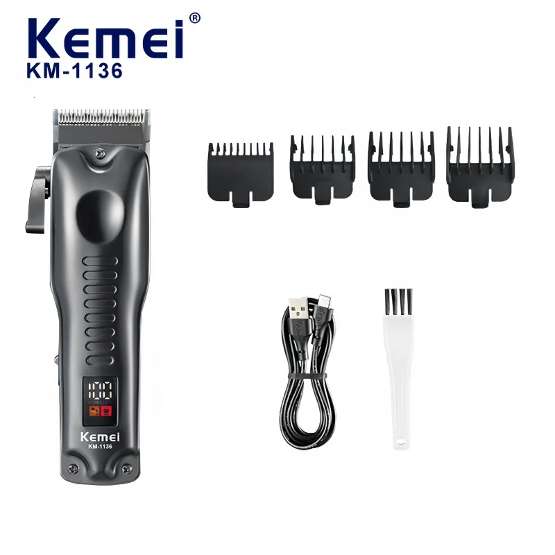 Kemei KM-1136 LCD Display Cordless Electric Hair Clipper, USB Rechargeable, for Salon and Home Haircut Styling Trimmer.
Kemei KM-1136 LCD Display Cordless Electric Hair Clipper, USB Rechargeable, for Salon and Home Haircut Styling Trimmer.