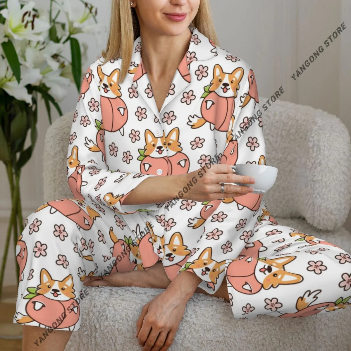 Dog Welsh Corgi In Peach With Flowers Womens Pajamas Loungewear Two-piece Sleepwear Button-Down Full Sleeve Long Pajamas Set
Dog Welsh Corgi In Peach With Flowers Womens Pajamas Loungewear Two-piece Sleepwear Button-Down Full Sleeve Long Pajamas Set