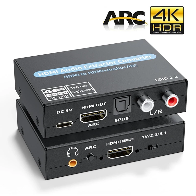 4K@60Hz HDMI ARC Audio Extractor 5.1CH HDMI Audio Converter to SPDIF + RCA L/R + 3.5mm Stereo for Soundbar TV Amplifier Speaker
4K@60Hz HDMI ARC Audio Extractor 5.1CH HDMI Audio Converter to SPDIF + RCA L/R + 3.5mm Stereo for Soundbar TV Amplifier Speaker