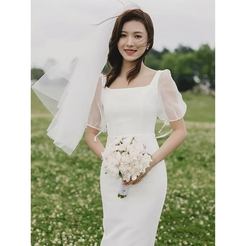 Simple Wedding Dress Korea New Satin Square Collar Puff Sleeve Ankle-length Bridal Dresses White Wedding Photos Shoot Bride Gown
Simple Wedding Dress Korea New Satin Square Collar Puff Sleeve Ankle-length Bridal Dresses White Wedding Photos Shoot Bride Gown