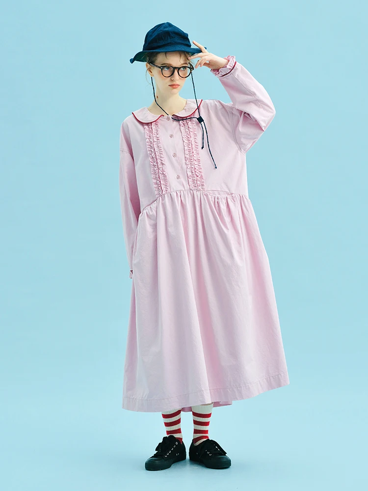 2025 Spring Women's Vintage Peter Pan Collar Dress Pink Ruffle Front Pockets Long Sleeve Casual Oversized Streetwear 255050
2025 Spring Women's Vintage Peter Pan Collar Dress Pink Ruffle Front Pockets Long Sleeve Casual Oversized Streetwear 255050