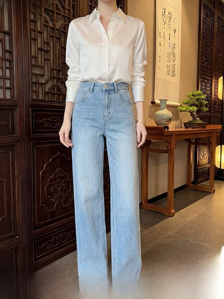 Light Blue Denim High Waist Wide Leg Jeans Women's Casual Floor Length Straight Cut Diamond Embellied Spring New Arrival
Light Blue Denim High Waist Wide Leg Jeans Women's Casual Floor Length Straight Cut Diamond Embellied Spring New Arrival
