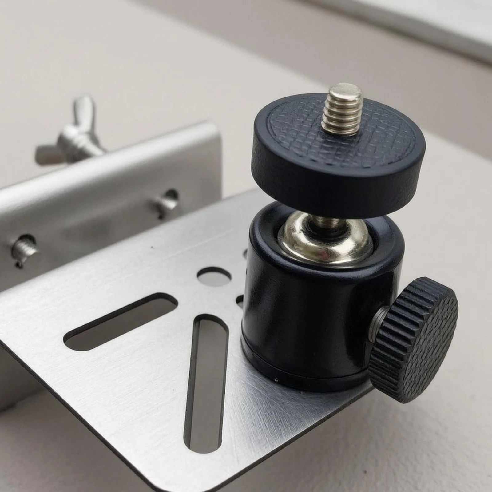 Camera Mounting Bracket Brushed Silver Finish Ball-Head Bracket Swivel Holder Black Accents Attachment Hardware Adjustable
Camera Mounting Bracket Brushed Silver Finish Ball-Head Bracket Swivel Holder Black Accents Attachment Hardware Adjustable