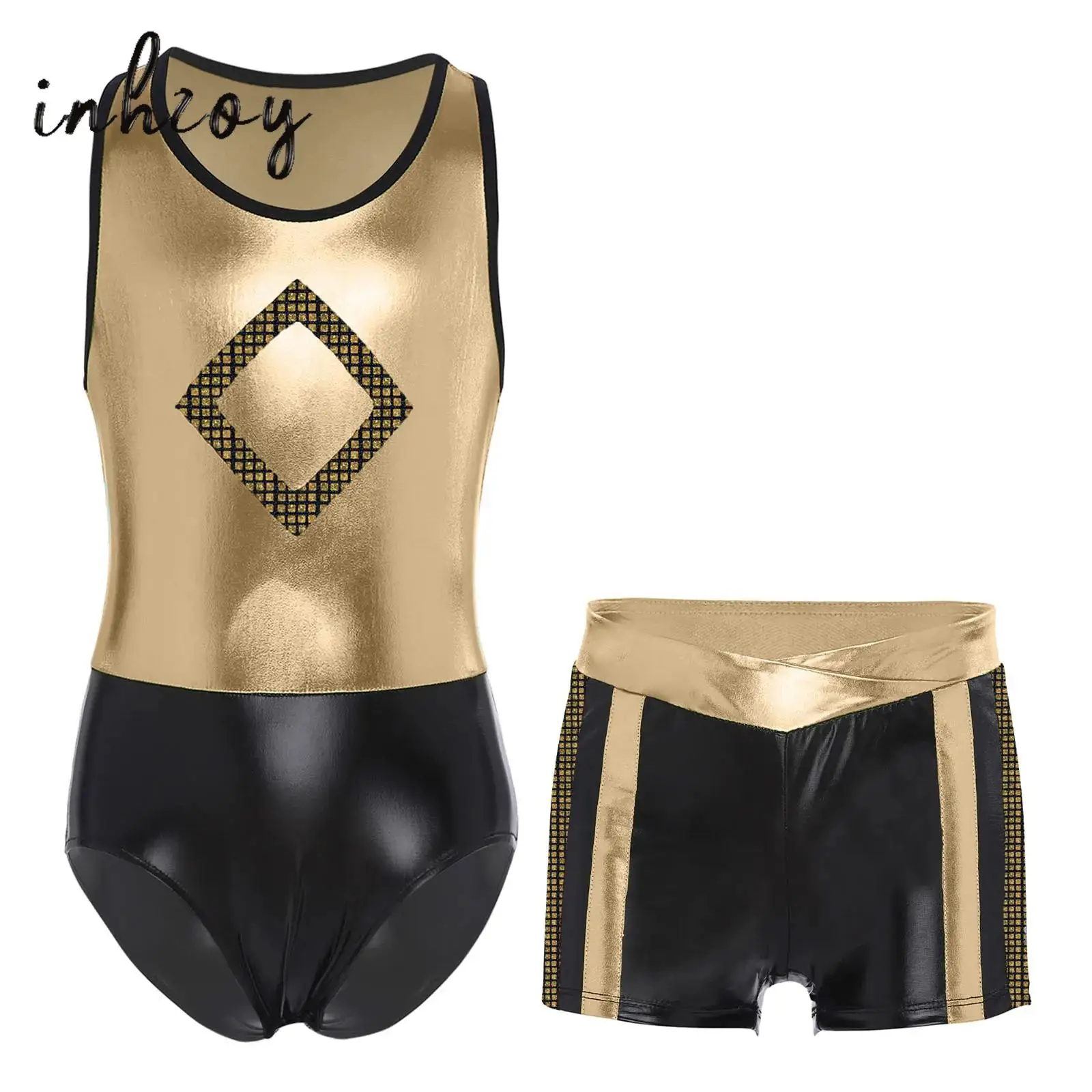 Kids Girls Sleeveless Metallic Color Block Patchwork Leotard with Wrap V-Front Waistband Shorts for Jazz Dance Sports Gymnastics
Kids Girls Sleeveless Metallic Color Block Patchwork Leotard with Wrap V-Front Waistband Shorts for Jazz Dance Sports Gymnastics
