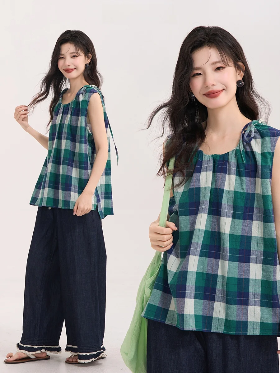 Champagne Glow Vintage Color Woven Plaid Vest Shirt Women Summer Belted Top Sweet Style Loose Fit Cotton Linen Blend
Champagne Glow Vintage Color Woven Plaid Vest Shirt Women Summer Belted Top Sweet Style Loose Fit Cotton Linen Blend