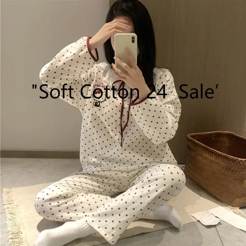 Весенние женские пижамы Hello Kitty, домашняя одежда из хлопка в горошек с героями мультфильмов, белые брюки с длинными рукавами Hello Kitty, комплект из двух предметов
Весенние женские пижамы Hello Kitty, домашняя одежда из хлопка в горошек с героями мультфильмов, белые брюки с длинными рукавами Hello Kitty, комплект из двух предметов