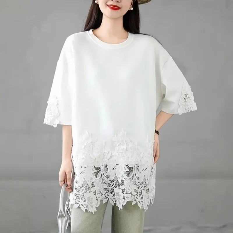 Summer High-end Casual Women's T-shirt with Lace Hem Splicing Short Sleeve Mid-length Top
Summer High-end Casual Women's T-shirt with Lace Hem Splicing Short Sleeve Mid-length Top
