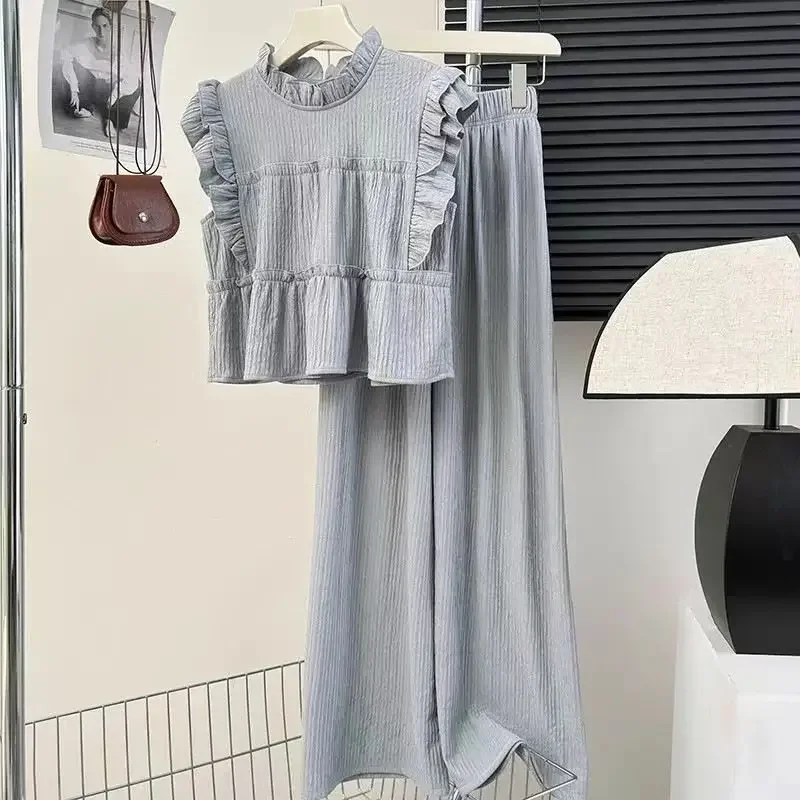 Summer New Fashion Sleeveless Flying Sleeve Shirt Top Elastic Waist Slimming Wide Leg Pants Two Piece Sets Women Outfits ZL909
Summer New Fashion Sleeveless Flying Sleeve Shirt Top Elastic Waist Slimming Wide Leg Pants Two Piece Sets Women Outfits ZL909