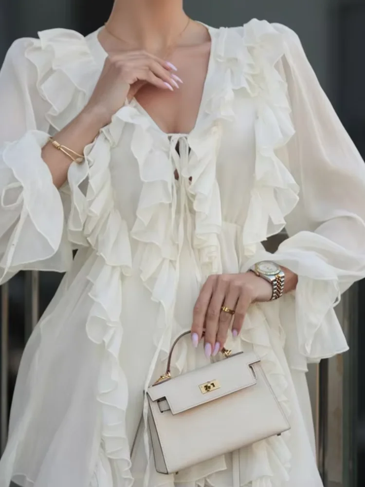 Women Chic Flared Sleeves Ruffle Mini Dress Sexy V-neck Lace-up See Through High Waist A-line Dresses 2026 Lady Vacation Gowns
Women Chic Flared Sleeves Ruffle Mini Dress Sexy V-neck Lace-up See Through High Waist A-line Dresses 2026 Lady Vacation Gowns