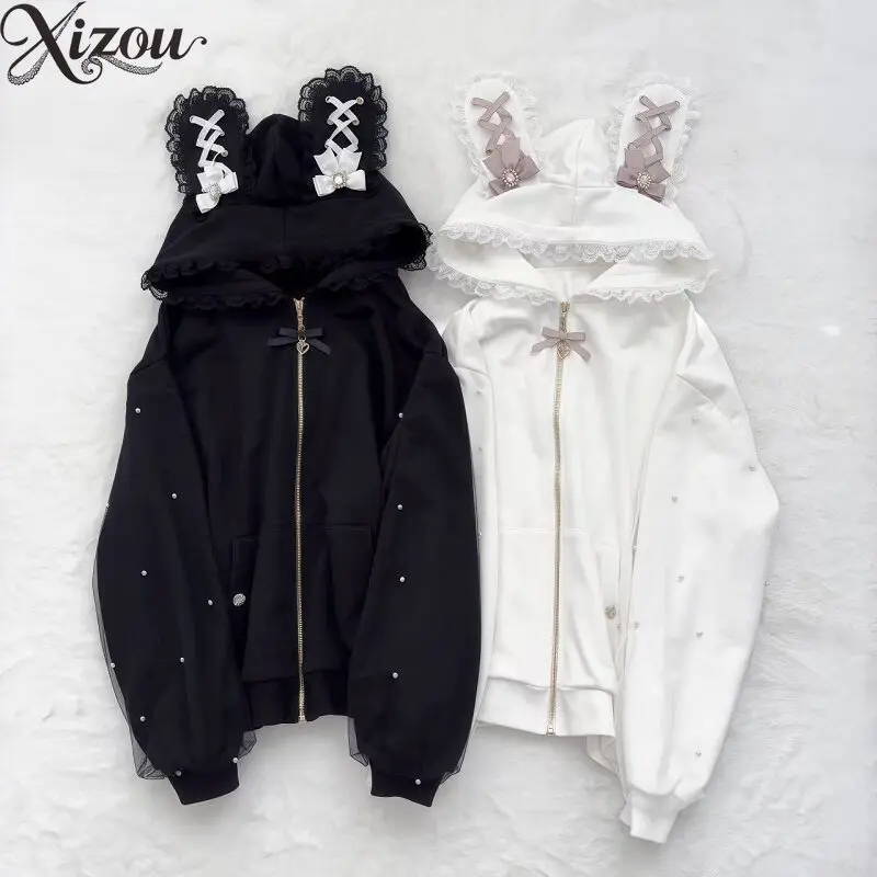 Pearl Lace Bunny Ear Tie Up Hoodie Y2K Lolita Oversized Sweatshirt Hooded Kawaii Zipper Autumn Winter Strapped Cardigan Coat
Pearl Lace Bunny Ear Tie Up Hoodie Y2K Lolita Oversized Sweatshirt Hooded Kawaii Zipper Autumn Winter Strapped Cardigan Coat