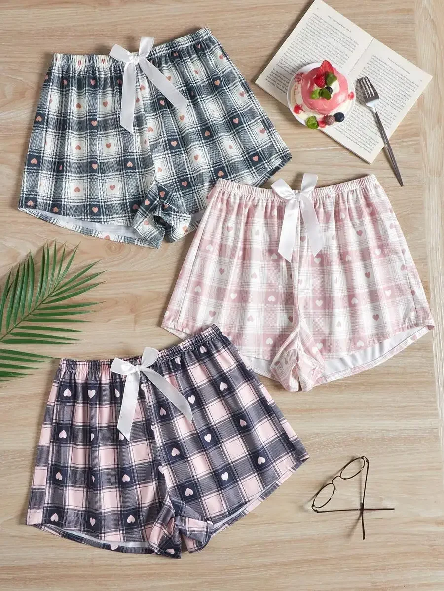 Plaid Sleep Shorts Set For Women – 3 Pieces With Heart Motif And Front Ribbon Tie
Plaid Sleep Shorts Set For Women – 3 Pieces With Heart Motif And Front Ribbon Tie