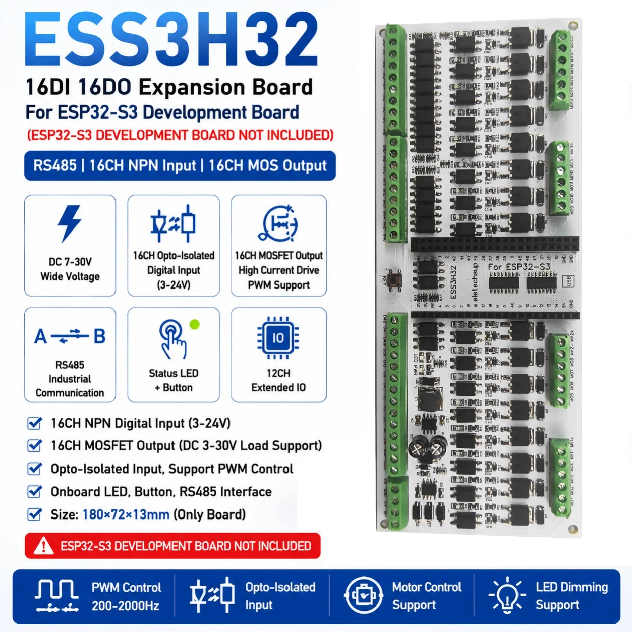 ESP32-S3 16DI 16DO RS485 Expansion Board 3A MOS Output PWM Driver WiFi BLE IoT Arduino LED Dimming Module
ESP32-S3 16DI 16DO RS485 Expansion Board 3A MOS Output PWM Driver WiFi BLE IoT Arduino LED Dimming Module