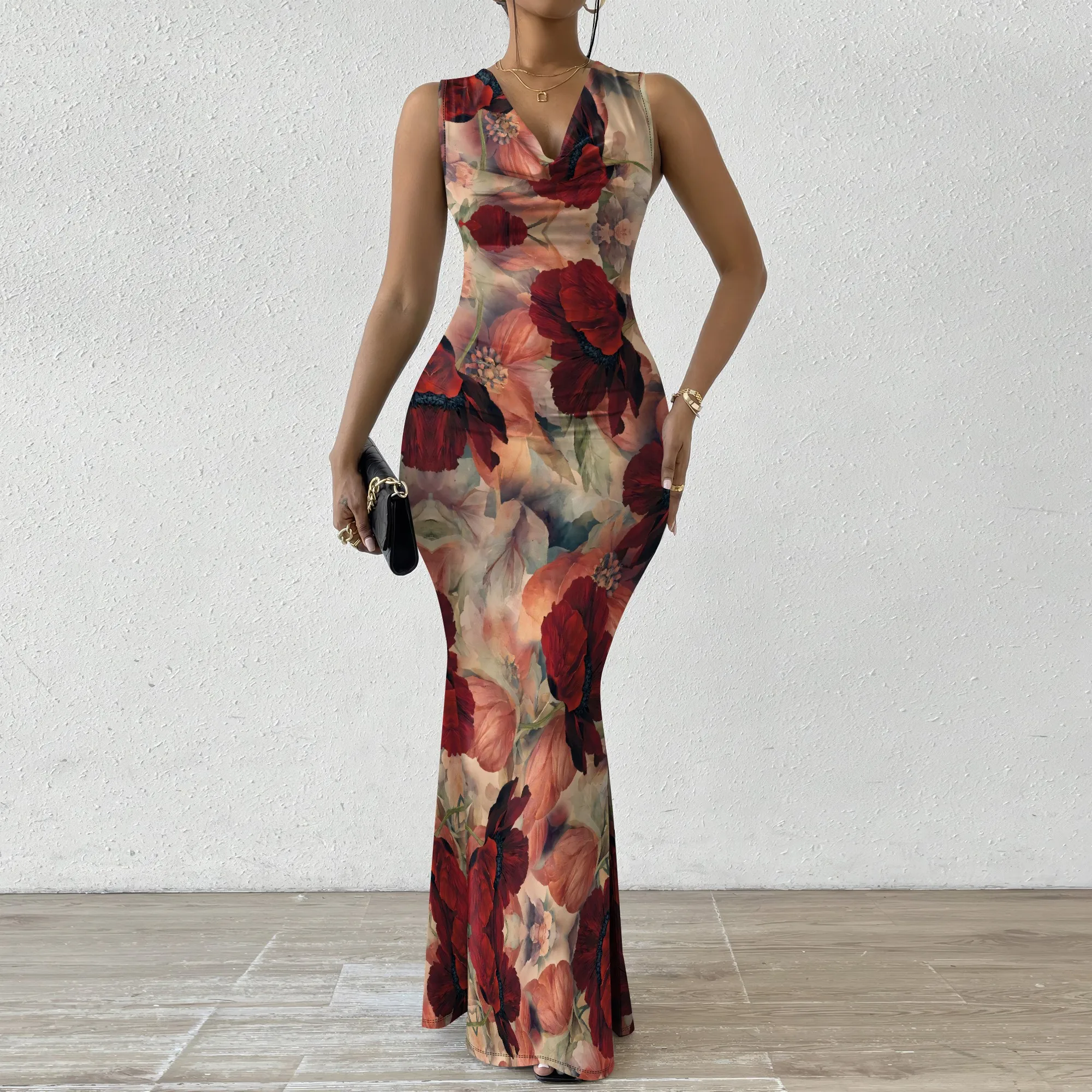 Women's V-Neck Sleeveless Maxi Dress Red Vintage Rose Floral Print Elegant Evening Party Dress
Women's V-Neck Sleeveless Maxi Dress Red Vintage Rose Floral Print Elegant Evening Party Dress
