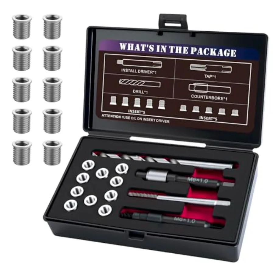 M6X1.0 Thread Repair Kit with 9.4mm Insert HSS Drill, Tap, Installation Driver, Counterbore, Stainless Steel Insert M6X1.0X9.4m
M6X1.0 Thread Repair Kit with 9.4mm Insert HSS Drill, Tap, Installation Driver, Counterbore, Stainless Steel Insert M6X1.0X9.4m