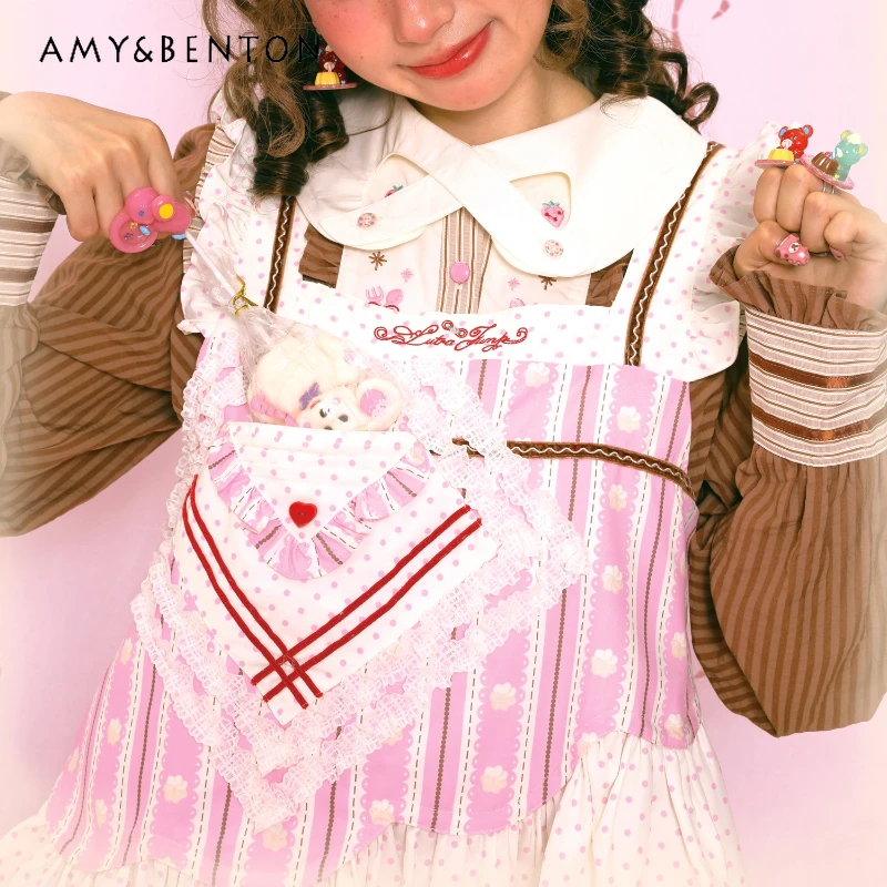 Дизайн в японском стиле, розовый полосатый кружевной жилет в горошек, женский жилет, осень 2023, новый милый милый универсальный топ на бретелях, женская 
Дизайн в японском стиле, розовый полосатый кружевной жилет в горошек, женский жилет, осень 2023, новый милый милый универсальный топ на бретелях, женская