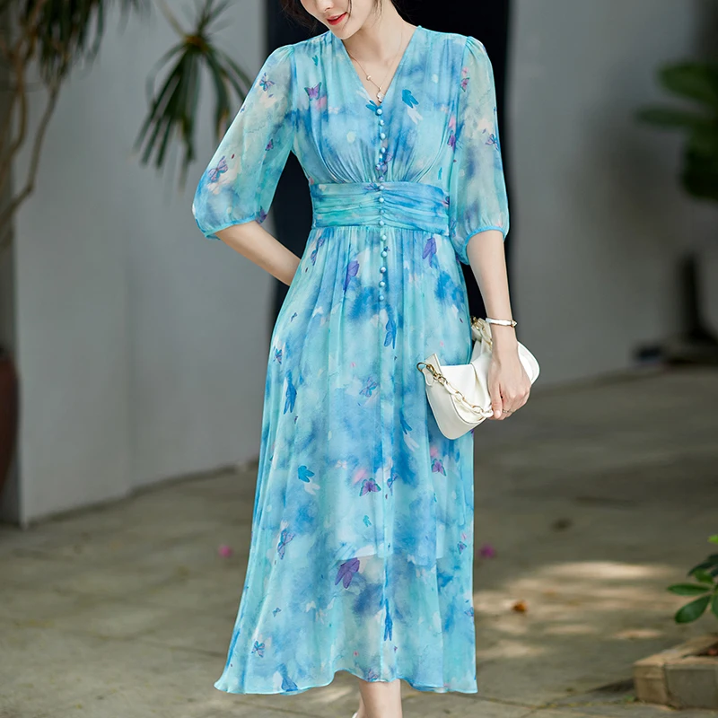 Elegant Vintage Dresses For Women 2024 Summer V-neck High Waist Women's Butterfly Print Dress 100% Real Silk Holiday Long Dress
Elegant Vintage Dresses For Women 2024 Summer V-neck High Waist Women's Butterfly Print Dress 100% Real Silk Holiday Long Dress