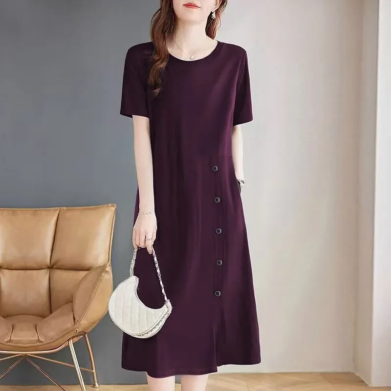 Elegant Women's Casual Midi Dress With Side Buttons And Pockets Round Neck Short Sleeve Loose Fit A-Line Style For Spring Summer
Elegant Women's Casual Midi Dress With Side Buttons And Pockets Round Neck Short Sleeve Loose Fit A-Line Style For Spring Summer