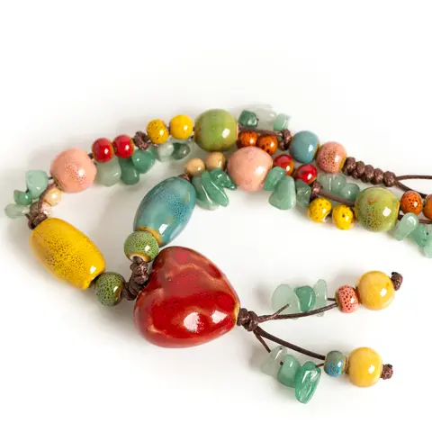 Vintage Heart Ceramic Necklace for Women Adjustable Handmade Boho Style Sweet Long Pendant Jewelry